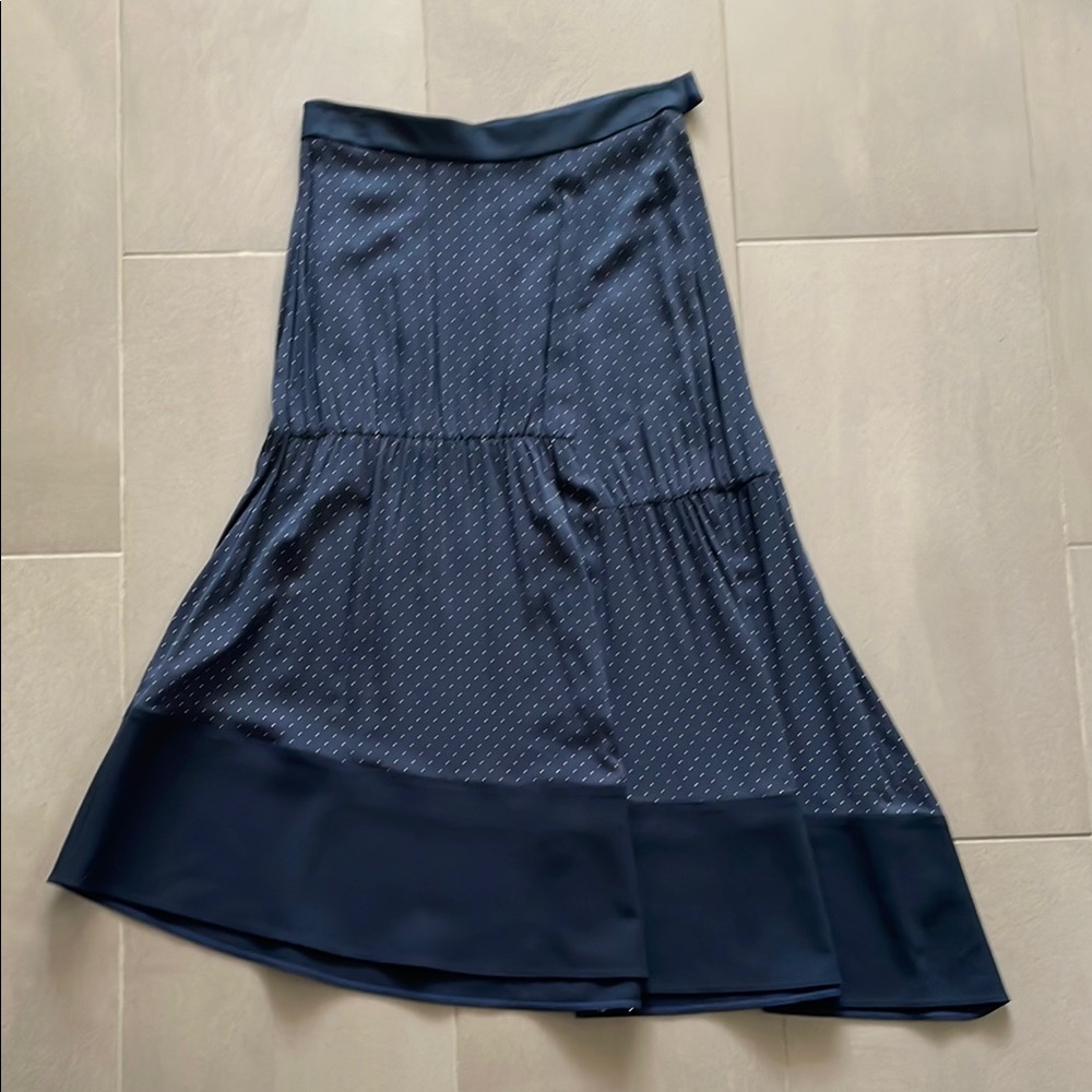 Tibi navy Blue polka dot Midi A-Line Skirt with Pleated Tiered Design